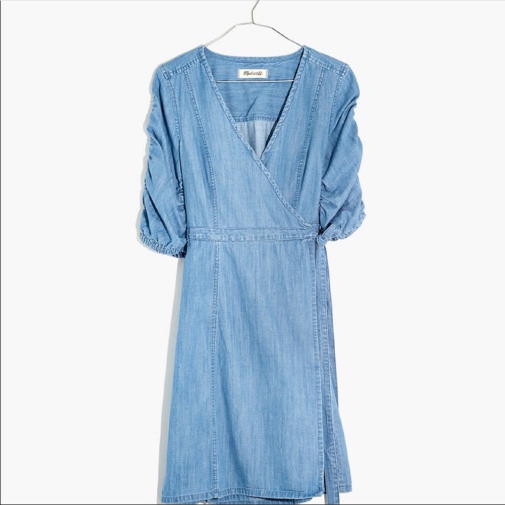 NWT Madewell Denim Ruched Sleeve wrap dress